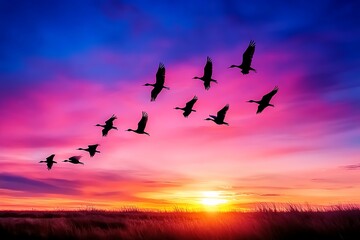 Obraz premium A flock of birds flying across a sunset sky, their silhouettes creating a beautiful contrast against the vibrant colors of the sky