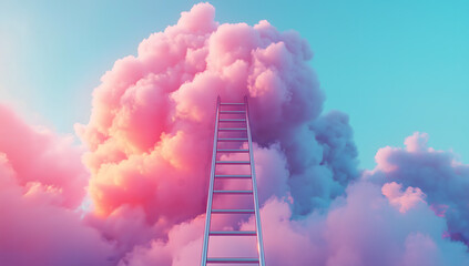 3D render ladder leading to cloud on pastel background concept for success and dream