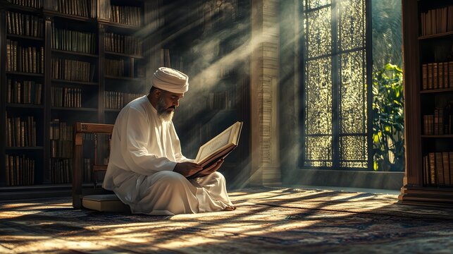 3. A serene Islamic scholar reading the Quran in a sunlit library