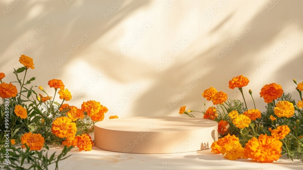 Poster a round pedestal is accented by vibrant marigold flowers, creating a bright and inviting atmosphere.