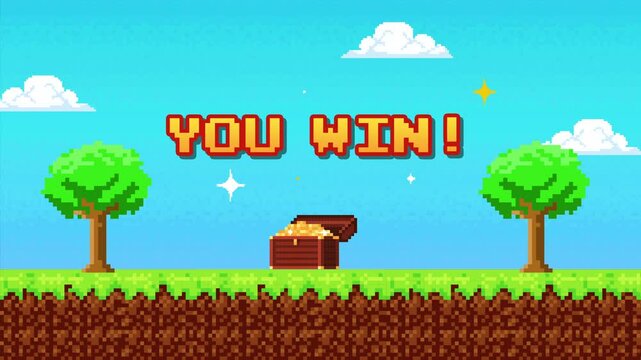  "You Win!" text pixel old game screen. Retro style 8 bit video game interface