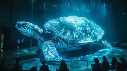 Visitors marvel at a lifelike holographic sea turtle, emphasizing ocean conservation efforts in an engaging exhibition space filled with interactive displays