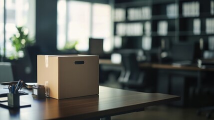 Cardboard box on office desk in modern workplace, symbolizing corporate relocation or new job.