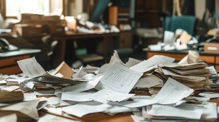 Cluttered office workspace with piles of papers and documents on desks, indicating disorganization and chaotic environment.
