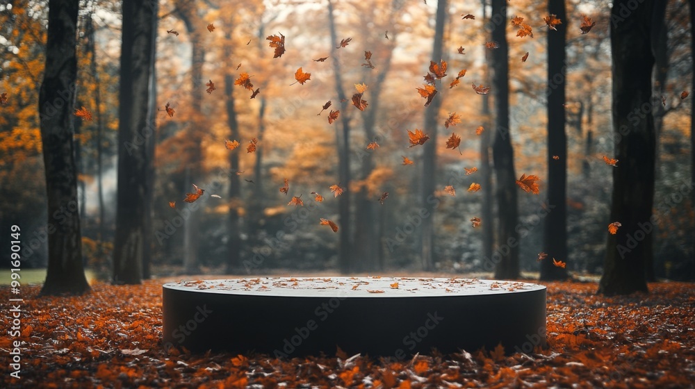 Poster the forest is alive with the vibrant colors of autumn as leaves gracefully descend around a circular