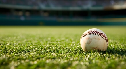 Close-up of a baseball on grass, with a stadium in the background.