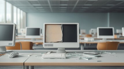 Empty office with broken computer on desk, symbolizing technology issues and workplace disruption.