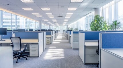 Empty modern office space with cubicles and desks