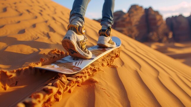 A person gracefully glides down a sandy dune, surrounded by impressive rock formations as the sun sets, casting warm colors across the desert