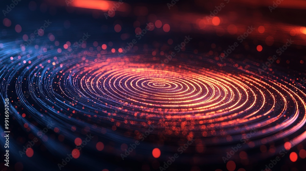 Poster Glowing abstract particle swirl with vibrant neon circles and dynamic vibrations.