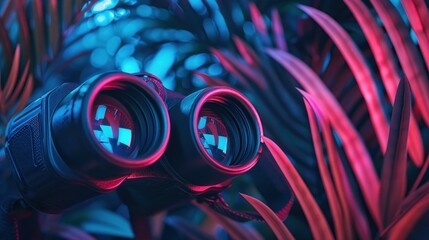 Close up of binoculars with neon pink and blue lighting and a background with palm leaves
