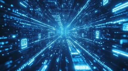 Intersecting holographic beams of blue light flowing through a tech-inspired digital space filled with modern technology symbols.