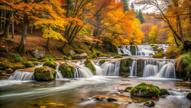 A vibrant autumn forest surrounds a cascading waterfall with rocks covered in lush green moss. The tranquil water flows through multiple tiers, creating a serene and picturesque scene in nature.AI gen