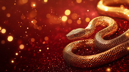 Obraz premium Coiled Red Snake with Shimmering Scales, Festive Red Background