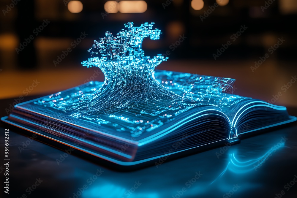 Aufkleber A futuristic e-book with interactive 3D models, where readers can rotate and zoom in on detailed visualizations within the text