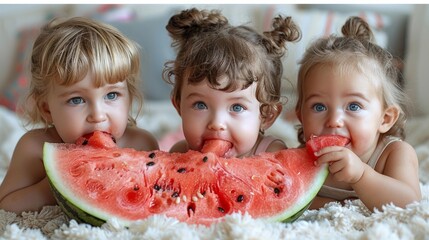 Three young girls happily take bites from a huge watermelon slice while sitting on a soft rug at home