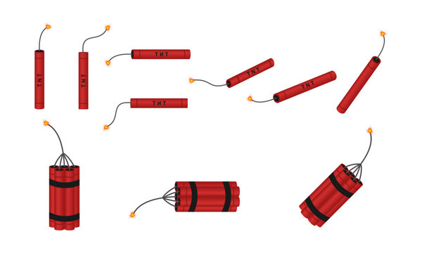 TNT Dynamite set vector, single and group of TNT Dynamite with burning wick. vector illustration isolated on white background.