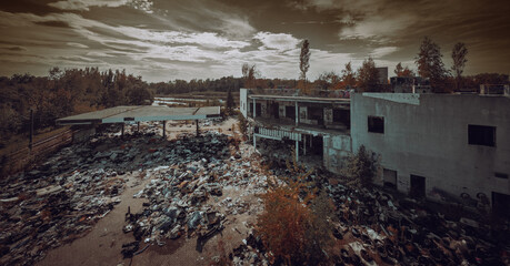 Abandoned area full of trash, debris, and ruined items. Abandoned buildings, neglected environment,...