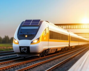 Fototapeta premium High-speed train station with solar panel canopies and energy-efficient design, solar train station, green transport hub