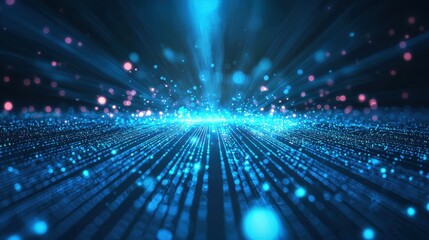 Radiant blue beams of holographic light slicing through a tech-driven digital grid, creating a futuristic technology atmosphere.