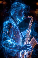 Obraz premium A musician plays the saxophone, illuminated by vibrant blue lights, surrounded by a smoky atmosphere in a jazz club