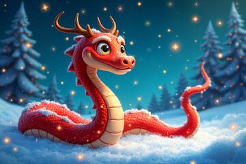 Fototapeta premium Cartoon red snake with horns and a snowy background, sitting on the ground surrounded by sparkling snowflakes and trees.