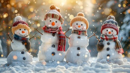 Four snowmen are playfully posed in the snow, adorned with hats and scarves, surrounded by a sparkling winter atmosphere