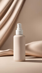 A bottle of lotion sits on a table, mockup