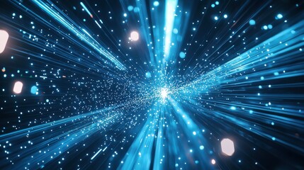 Fototapeta premium Radiant blue beams of light flowing dynamically through a holographic background, creating a futuristic and tech-driven atmosphere.