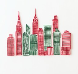 Obraz premium Red and green line art illustration of a city skyline on a white background.