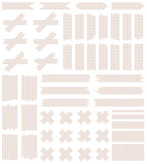 Set of paper sheets isolated on white. Pieces of decorative tape for scrapbooks. Washi tapes collection in vector. Ripped paper. Torn pieces of paper from a notebook in a cell. Colorful ribbons