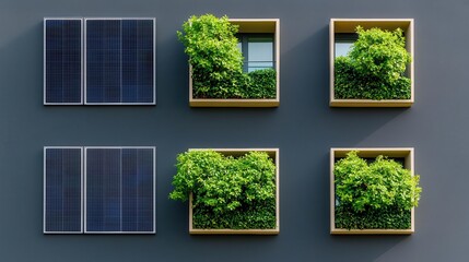 Multi-use building with a facade of solar panels and integrated green spaces, solar facade, sustainable architecture