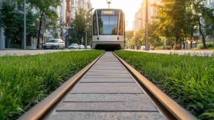Fototapeta premium Sustainable urban boulevard with green tram lanes, solar lighting, and permeable paving, green boulevard, eco-mobility
