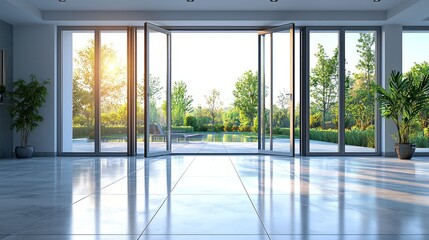 Fototapeta premium Modern office entrance with large glass doors open to a lush garden view