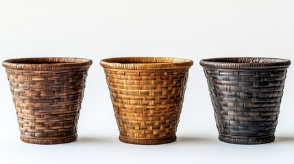 Three woven wicker baskets in different shades isolated on a white background