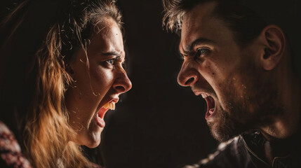 Couple locked in fierce verbal battle, shouting at each other. Profile view highlights their contorted facial expressions and open mouths. Dark background amplifies emotional intensity.