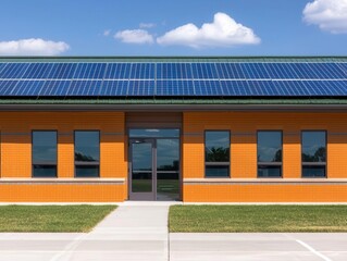 Fototapeta premium School building with solar panels, natural lighting, and a green roof classroom, eco-school, environmental education