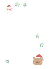 Fototapeta premium a cute smiley teddy bear Santa Claus with snowman on stars frame card, illustration Christmas paper template, perfect for greeting and invitation card decoration