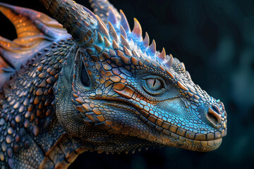 Fototapeta premium A blue dragon with orange scales and a long tail