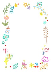 color pencil drawing of colorful flowers , flora , star glitter and butterfly frame template , sign banner perfect for art project , greeting invitation and wedding card decoration background