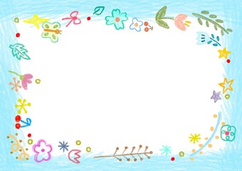 color pencil drawing of colorful flowers , flora , star glitter and butterfly on blue frame template , sign banner perfect for art project , greeting invitation and wedding card decoration background
