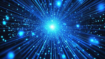 Naklejka premium Radiant blue holographic beams of light flowing through a digital grid of tech symbols, capturing the essence of modern technology.