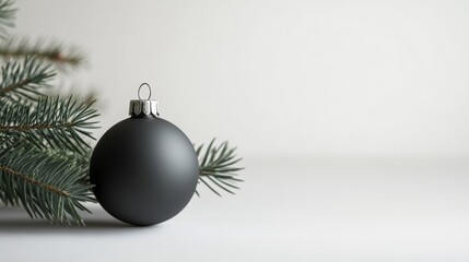 A single Christmas tree ornament with matte black finish and pine branches. Modern and minimalistic design with soft white backdrop and copy space.