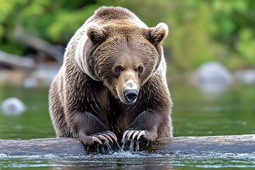 Obraz premium A grizzly bear fishing in a river, standing on its hind legs as it swipes at the water with powerful claws