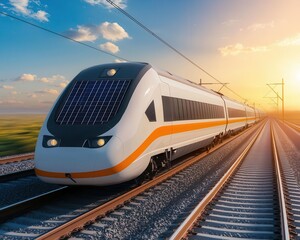 Naklejka premium High-speed train station with solar panel canopies and energy-efficient design, solar train station, green transport hub