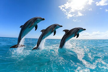Obraz premium A group of dolphins leaping out of the ocean, splashing water as they swim and play under the bright sun