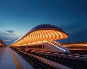 High-speed train station with solar panel canopies and energy-efficient design, solar train station, green transport hub