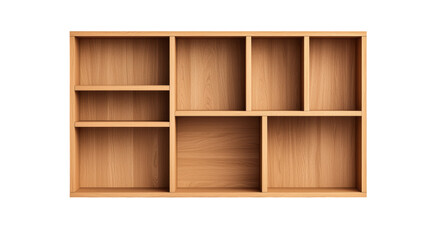 Wooden open shelf organizer featuring multiple compartments for storage. Perfect for organizing home or office spaces, blending natural materials. Isolated on transparent background, png.