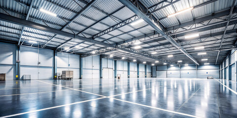 Spacious and clean industrial warehouse with polished concrete floors and high metal ceilings.Large open area is lit by strong ceiling lights and some storage devices are placed along the walls.AI gen