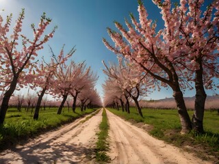 Pink Blossom Trees Line Country Road in Spring